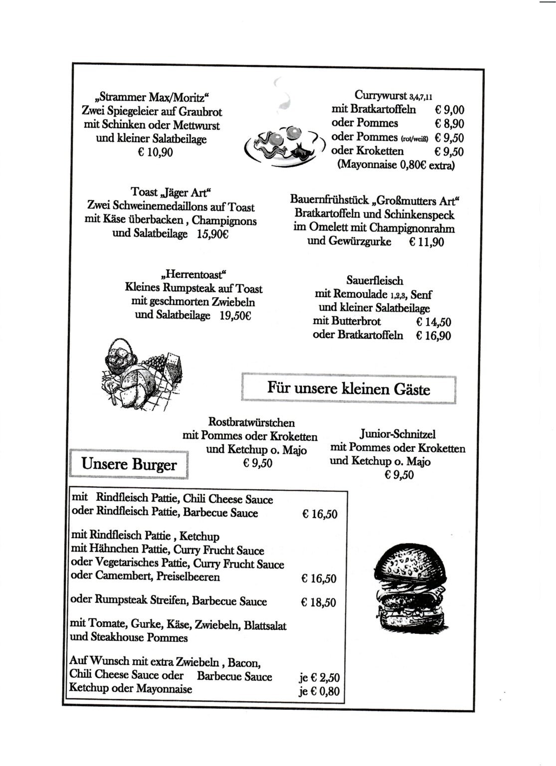 Biergartenkarte, Abholkarte und Saalkarte Seite 2: Strammer Max, Currywurst, Toasts, Bauernfrühstück, Sauerfleisch, Kindergerichte und Burger