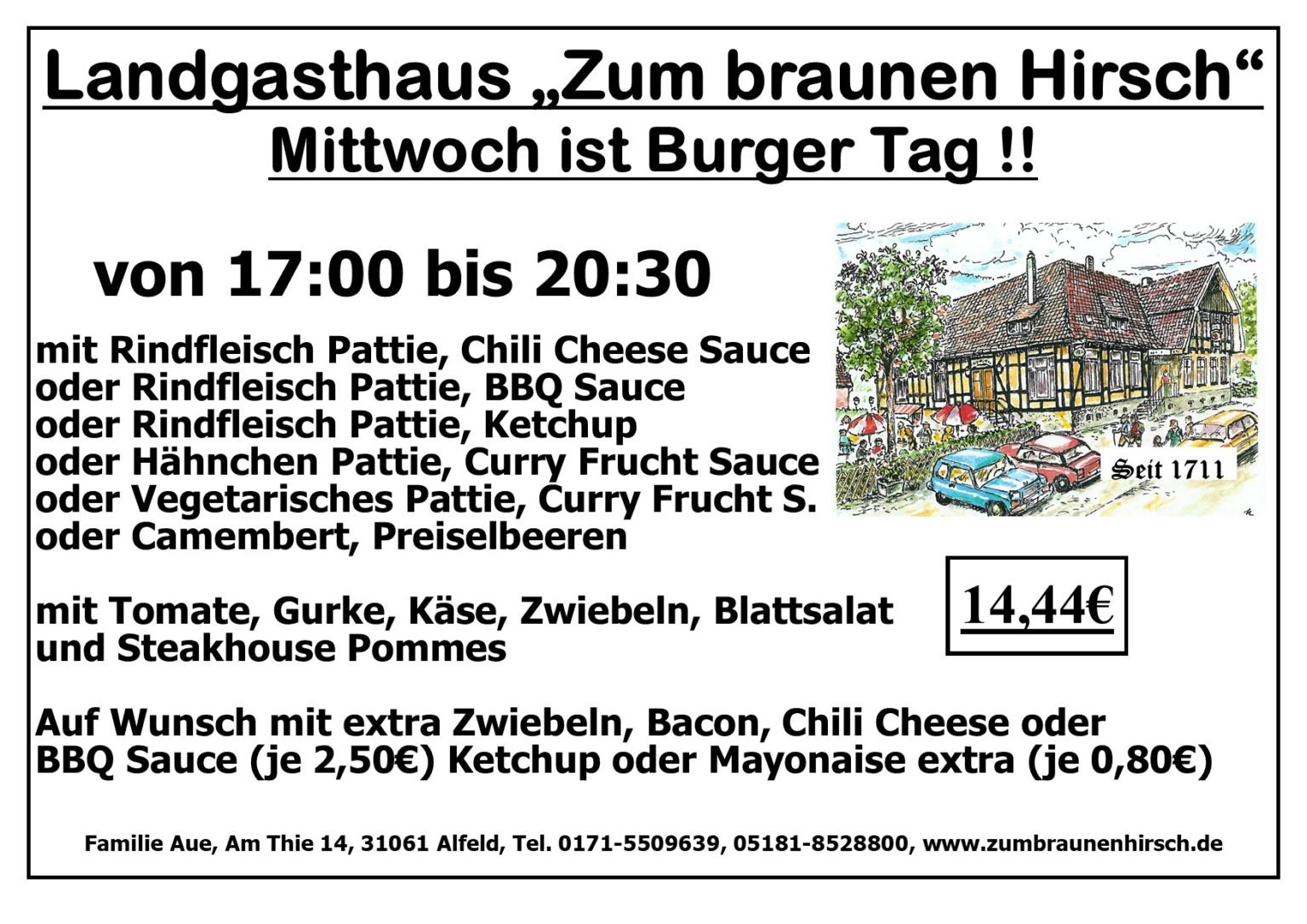 Flyer: Mittwoch ist Burger Tag – Burger mit Pattie nach Wahl und Steakhouse Pommes für 14,44 Euro