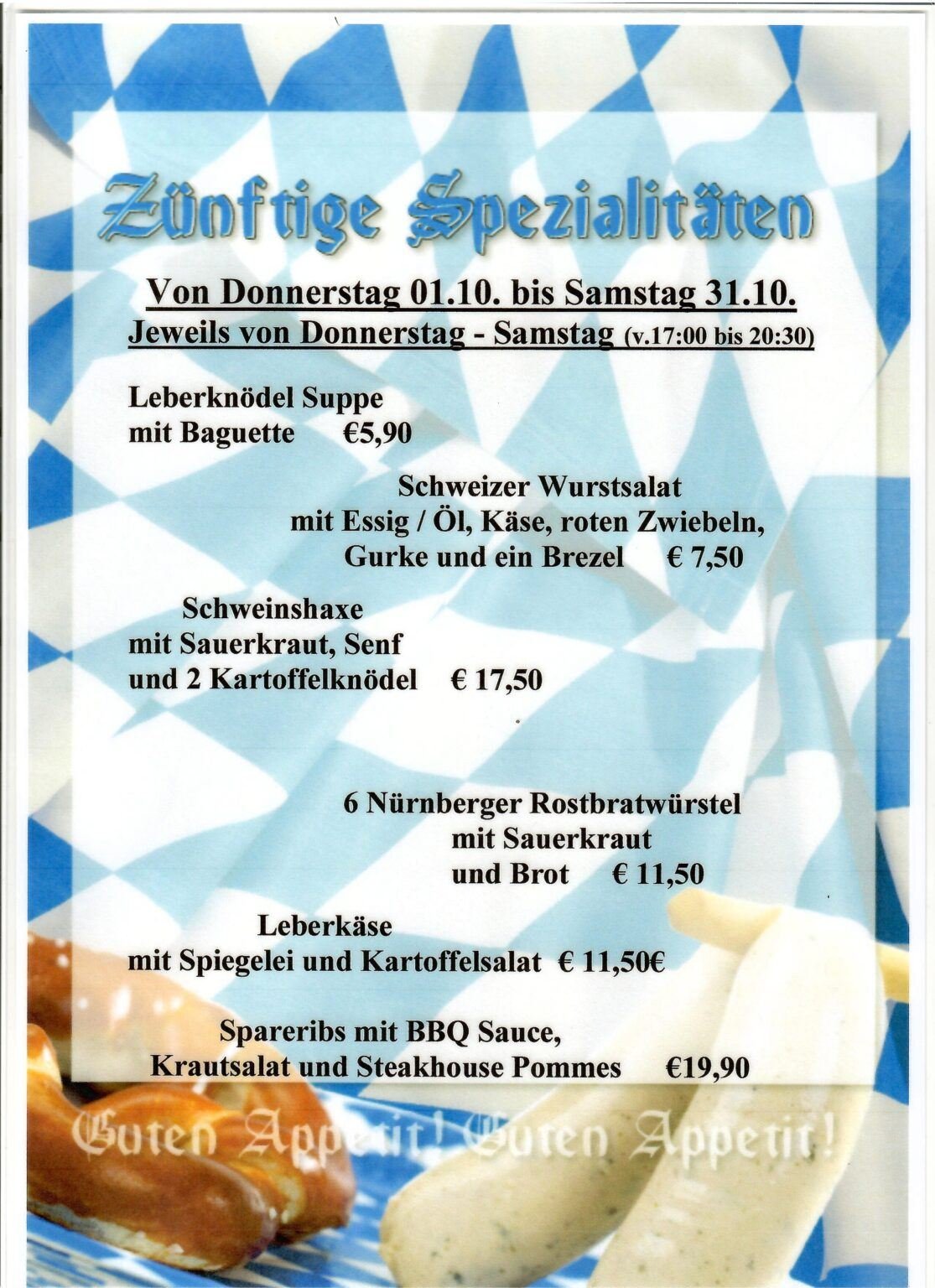 Flyer: Zünftige Spezialitäten von Donnerstag 01.10. bis Samstag 31.10., jeweils Donnerstag bis Samstag